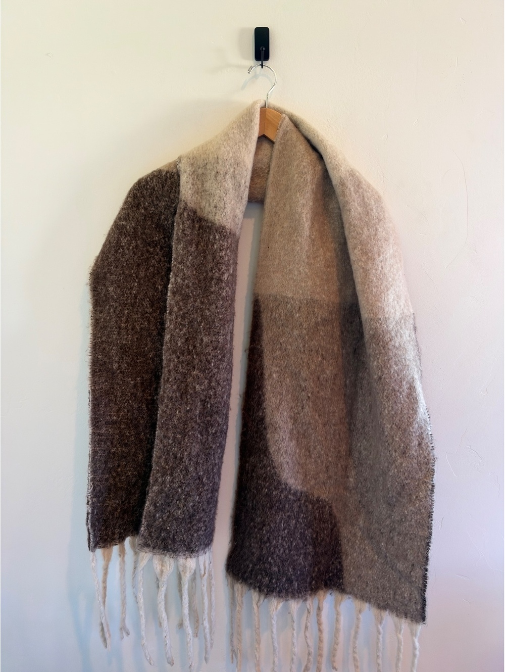 Oversized Color Block Blanket Scarf Neutral Beige Brown Gray Fringe